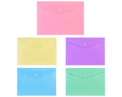 Папка-конверт на кнопке "Pastel" A4 (330x235 мм) 180 мкм, непрозрачная, 5 пастельных цветов ассорти