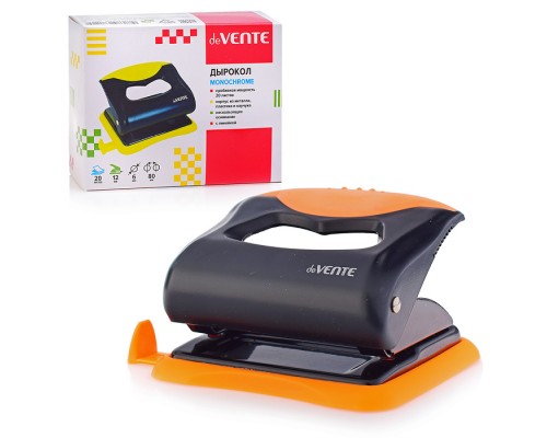 Дырокол "MonoChrome" (20 листов) пластиковый с каучуковой вставкой, с линейкой, в картонной коробке, черный с неоновым оранжевым