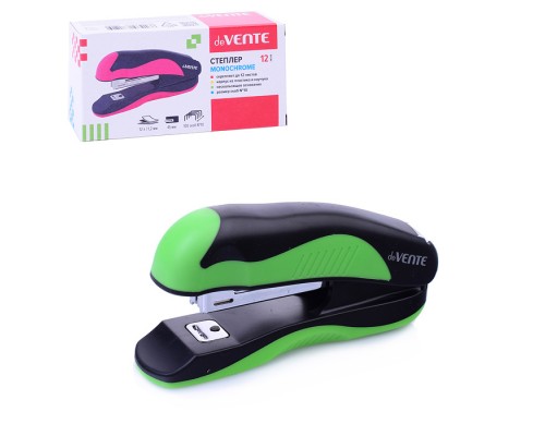 Степлер "MonoChrome" № 10 (мощность 12 листов, глубина скрепления 45 мм) пластиковый с каучуковой вставкой, в картонной коробке, черный с неоновым зеленым