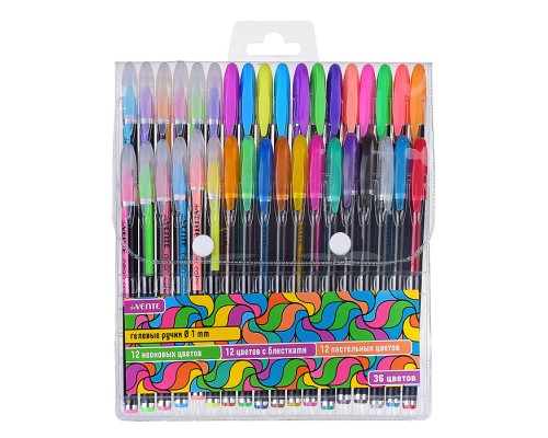 Набор ручек гелевых "Neon Black" 36 цветов, d=1 мм, черный корпус с цветными полосами, сменный стержень, в пластиковом блистере