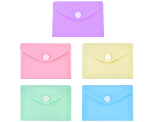 Папка-конверт на кнопке "Pastel" A7 (105x74 мм) 180 мкм, непрозрачная, 5 пастельных цветов ассорти