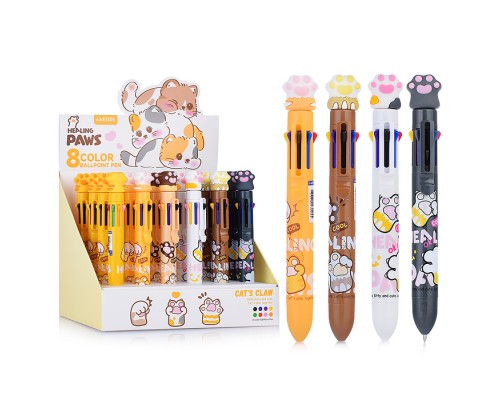 Ручка шариковая автоматическая 8 в 1 подарочная "Cat Paw" с декоративным элементом, d=0,7 мм, 8-ми цветная, ультра гладкое письмо, чернила на масляной основе, сменный стержень, индивидуальная маркировка, в картонном дисплее, ассорти 6 дизайнов