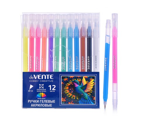 Набор ручек гелевых акриловых "Hobby creative" 12 шт, 12 цветов, d=1 мм, прозрачно-матовый круглый корпус, колпачок с клипом, увеличенный запас чернил, специальные акриловые чернила c высокой яркостью на черной бумаге, в пластиковой коробке