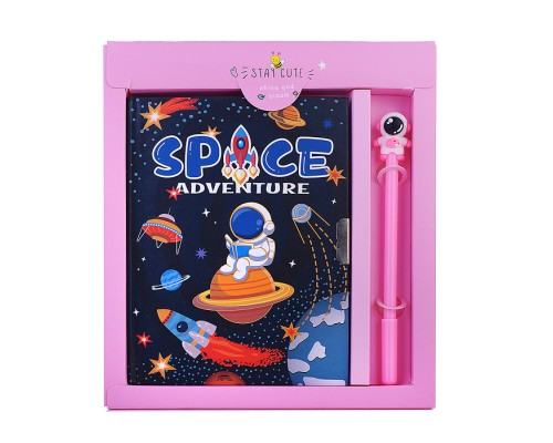 Подарочный блокнот в футляре, 20 см * 22,5 см, ручка, линия, 50 л., "Космос, приключения", розовый