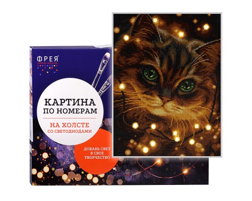 Кристальная (алмазная) мозаика на подрамнике 30х40 "Кот в гирлянде" (со светодиодами)