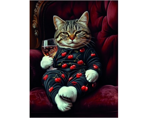 Холст с красками 40x50 по номерам "Кот с бокалом" в коробке (30цв.)