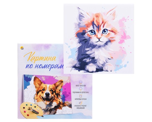 Холст с красками 20х20 по номерам "Красочный пушистый котёнок" в коробке (16цв.)