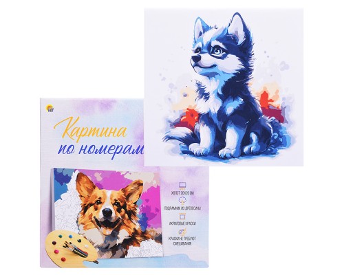 Холст с красками 20х20 по номерам "Красочный малыш хаски" в коробке (16цв.)
