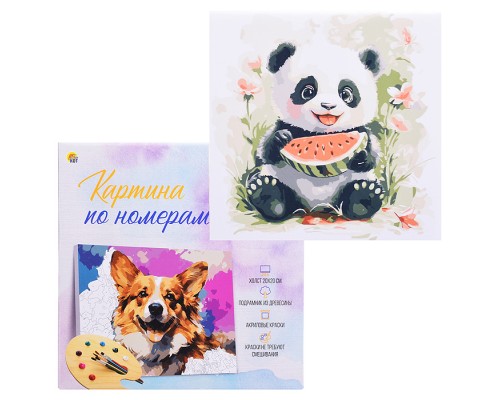 Холст с красками 20х20 по номерам "Пандочка с арбузом" в коробке (16цв.)