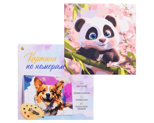 Холст с красками 20х20 по номерам "Милая панда на ветке" в коробке (16цв.)
