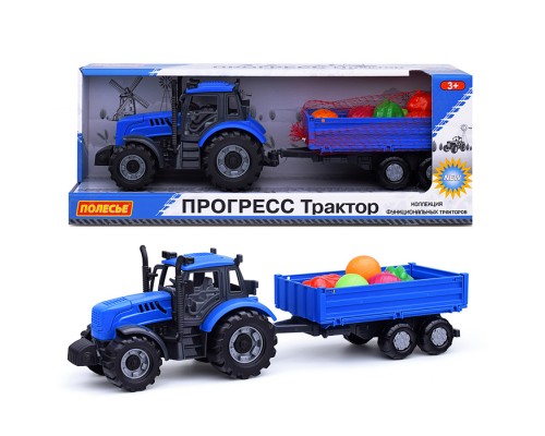 Трактор "Прогресс" с бортовым прицепом инерционный (синий) + набор продуктов (7 элементов) (в коробке)