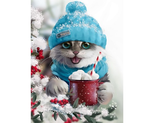 Алмазная мозаика 17х22 "Котик с какао" c подр., с полн. заполн. (20цв) (блест.)