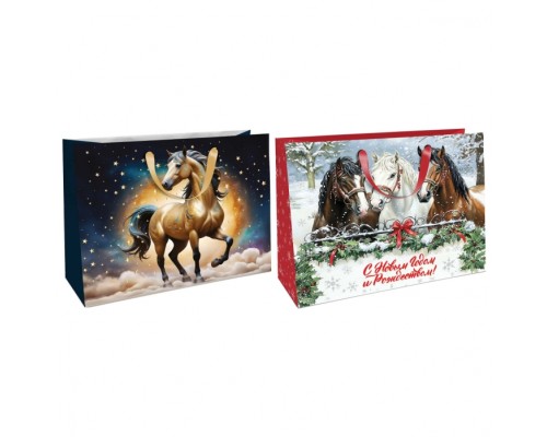 Пакет бумажный подарочный НГ "Год лошади" эффект: фольга, 32x26x10см, микс BA