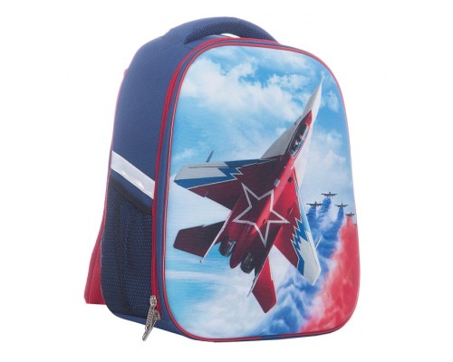 Рюкзак каркасный "Истребитель-Миг " формованный из полимеров, материал: нейлон, полиэстер, полноцветная печат, 2 отделения на молнии, 2 бегунка на каждой молнии, 1 вместительный боковой карман, светоотражатели , жесткая эргономичная спинка;  шир