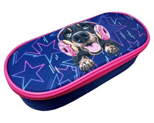 Пенал корпусный овальный "Пес в наушниках" 210х85х50мм, жесткий каркас овальной формы на картоне с закругленными краями. Корпус покрыт  полиэстером 210 ден. По краям имеется текстильная отделка