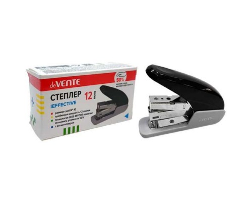Степлер "IEffective" № 10 (мощность 12 листов, глубина скрепления 35 мм) пластиковый, 1 вид скрепления, снижает нагрузку на 50%, в картонной коробке, черный