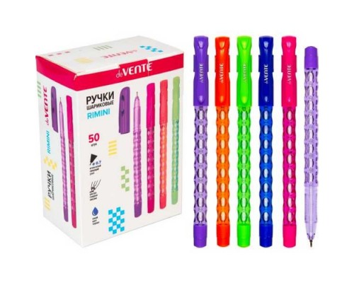 Ручка шариковая "Rimini" d=0,7 мм, ультра гладкое письмо, чернила на масляной основе, цвета корпуса ассорти полупрозрачные, сменный стержень, индивидуальная маркировка, в картонной коробке, синяя