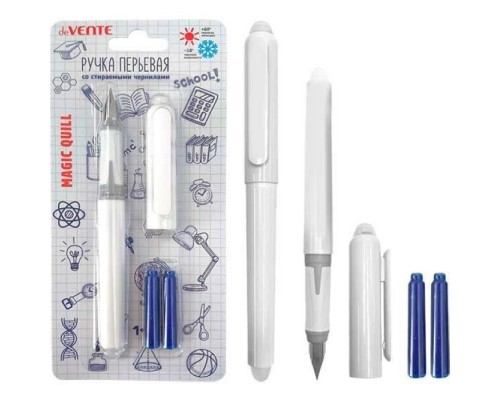 Ручка перьевая стираемая "Magic Quill" перо среднее F (Fine) с каучуковым держателем, в комплекте с 3-мя баллончиками 0,8 мл (1 - в ручке, 2 - запасных), белый корпус, синий цвет чернил, блистерная упаковка