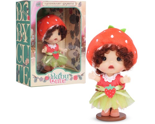Виниловая кукла Baby Cute Flower с подставкой, 10 см "Клубника"