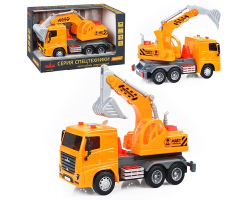 МАЗ, автомобиль-экскаватор инерционный (со светом и звуком) (оранжевый) (в коробке)