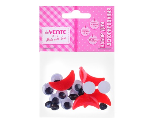 Набор для декорирования. Глазки. Носики. Ротики" пластиковый, самоклеящийся, 20 шт, глазки 12мм, носики 8x6 мм, ротики 25x15 мм, в пластиковом пакете с блистерным подвесом