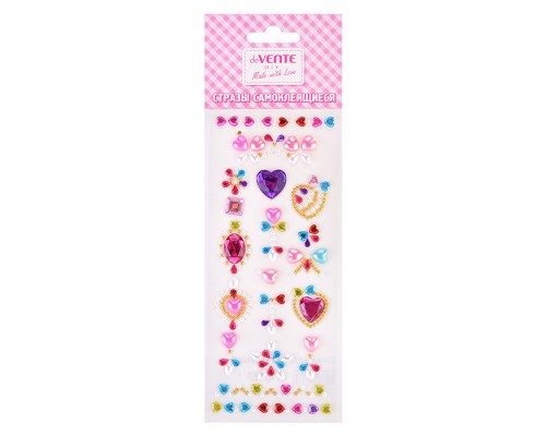 Стразы самоклеящиеся "Сердечки" акриловые, карточка 7,5x18 cм, цвета ассорти, в пластиковом пакете с блистерным подвесом