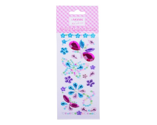 Стразы самоклеящиеся "Бабочки" акриловые, карточка 7,5x18 cм, цвета ассорти, в пластиковом пакете с блистерным подвесом