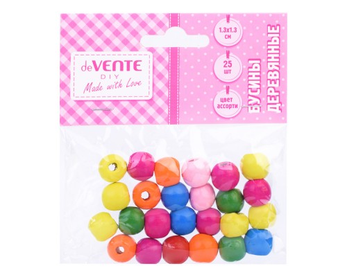 Бусины декоративные деревянные, размер 13x13 мм, 25 шт ассорти цветов, в пластиковом пакете с блистерным подвесом
