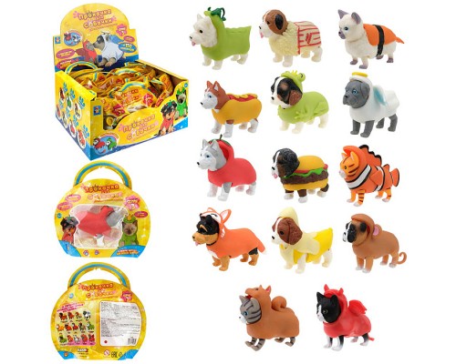 Прокачка для собачки серия 3, тянущиеся собачки и кошечки в костюмчиках, 10см, 14 видов, пакет с окном, 14 шт. в д/б