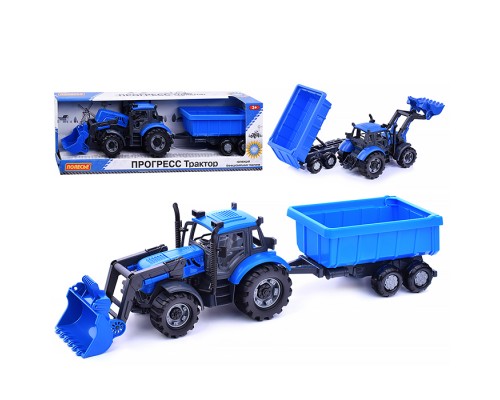 Трактор "Прогресс" с прицепом и ковшом инерционный (синий) (в коробке)