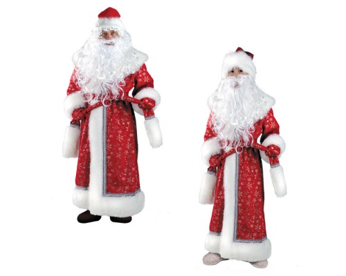 Карнавальный костюм "Дед Мороз " взр. сатин красный (шуба, шапка, пояс, варежки, борода, мешок) р.54-56