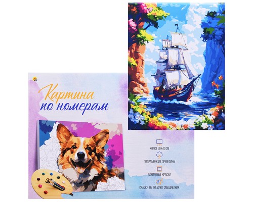 Холст с красками 30x40 по номерам "Корабль у скалистого острова" в коробке (30цв.)