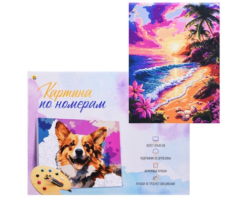 Холст с красками 30x40 по номерам "Розовый закат на острове" в коробке) (30цв.)