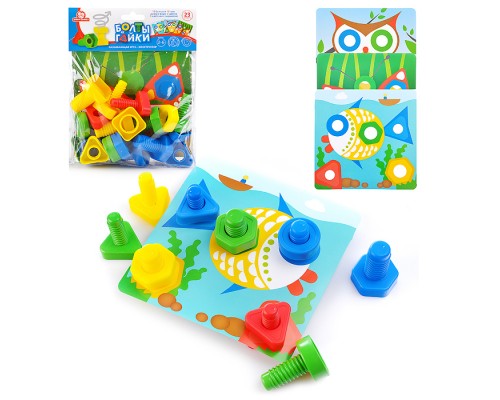 Конструктор "Болты и Гайки" тип 3 (10 болтов и 10 гаек, 3 карточки с заданиями), в пакете