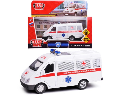 Машина металл ГАЗ -3221 "Газель" Скорая 12,2 см, (двери) инерц, в коробке