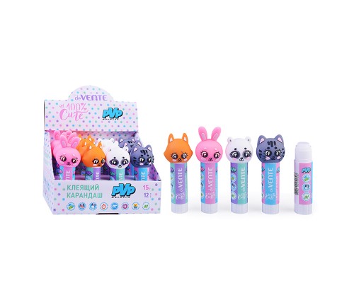 Клеящий карандаш PVP основа "100% Cute" 15 г (быстросохнущий) с фигуркой на колпачке, ассорти