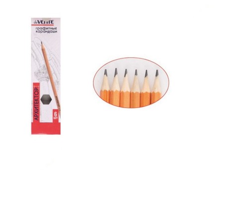 Карандаш чернографитный "Архитектор" 06 шт в наб (2Т, Т, ТМ-2, М, 2М) диаметр грифеля 2 мм, шестигранный, заточенный, в картонной коробке, корпус натуральный лакированный