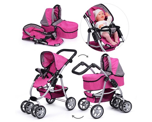 Коляска-трансформер для кукол, металлическая, регулируемая ручка, с корзиной, цвет зеленый, в пакете