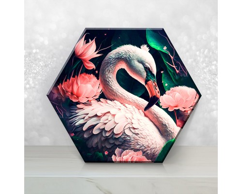 Картина по номерам 37х32 "Фламинго в цветах Гексагон" с крист. из хрусталя, чёрный холст 23 цвета