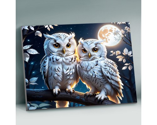 Картина по номерам 40х50 "Совиная пара" с поталью платина (20 цветов)