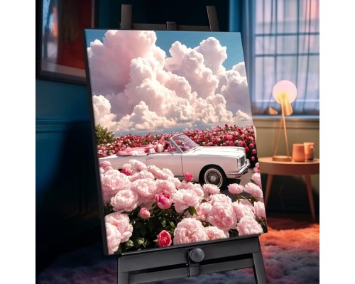 Картина по номерам 40х50 "Кабриолет в розовых цветах" с кристаллами из хрусталя (21 цвет)