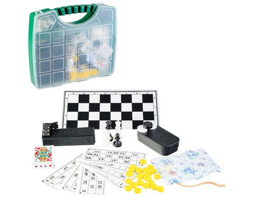 Набор из 6 игр "В Путь-Дорогу" в пластиковом чемоданчике (шахматы обиходные пластик., лото пластик с карточками, домино, шашки, карты(54л), зарики(кости) + 2 доски шахматные картонные, + инструкция 7 игр в кости)