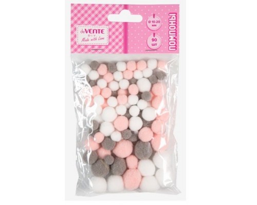 Набор помпонов для творчества "DIY" 90 шт, ассорти размеров и цветов (10 мм - 54 шт, 15 мм - 24 шт, 20 мм - 12 шт) в пластиковом пакете с блистерным подвесом, оттенки розово-серого цвета