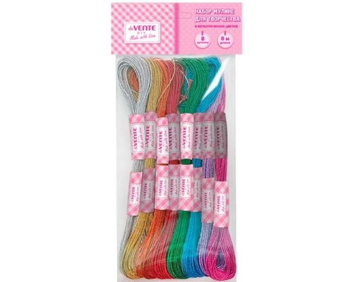 Набор ниток для вышивания (мулине) "DIY Metallic ART" полиэстеровые 12-слойные нити металлик, длина 8 м, 8 рулонов, 8 цветов, в пластиковом пакете с блистерным подвесом