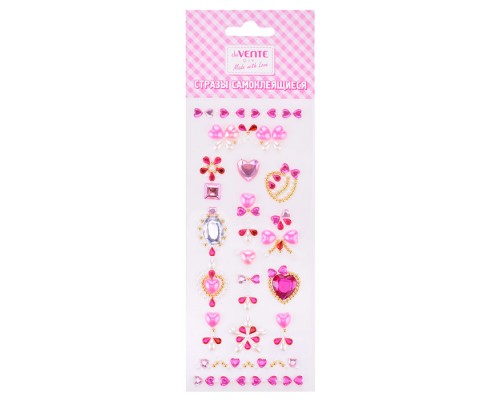 Стразы самоклеящиеся "Сердечки" акриловые, карточка 7,5x18 cм, цвета ассорти, в пластиковом пакете с блистерным подвесом
