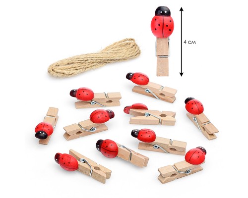 Набор прищепок декоративных деревянных 10 шт  "Божьи коровки" 3.5*0,7*12.5см.