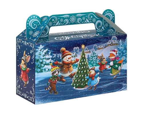 Коробка для конфет Сундучок "Дед Мороз и лесные звери на катке" 500г
