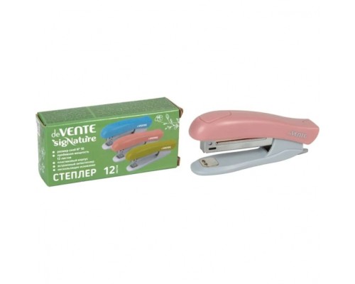 Степлер "SigNATURE" № 10 (мощность 12 листов, глубина скрепления 45 мм) пластиковый, со встроенным антистеплером, в картонной коробке, цвет пудрово-розовый