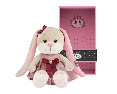 Зайка Лин в розовом бархатном платьице с бантиком, 20 см