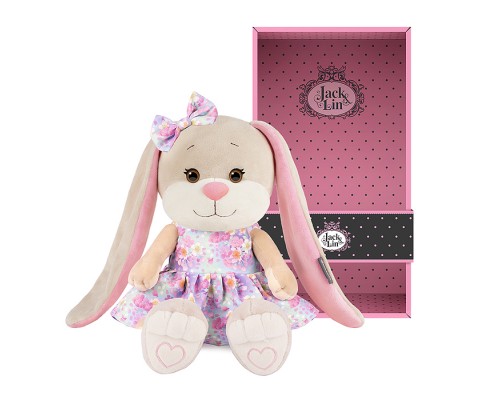 Зайка Лин в голубом платье с розовыми цветами, 25 см